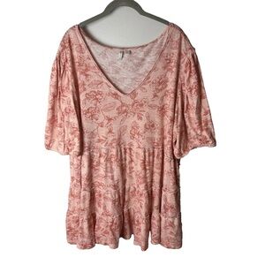 CATO Top Plus Size 26W 28W Short Sleeves V-Neck Floral Pink Red Cotton Blend